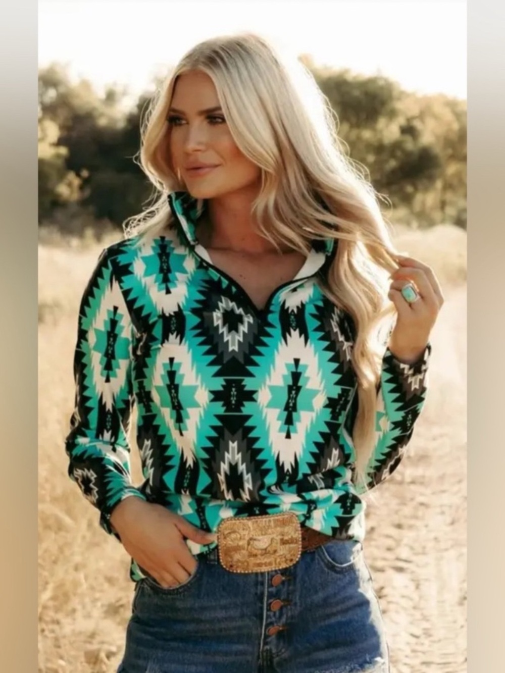 AZTEC Print Black, Turquoise, Gray & White Quarter Zip Pullover Sweatshirt